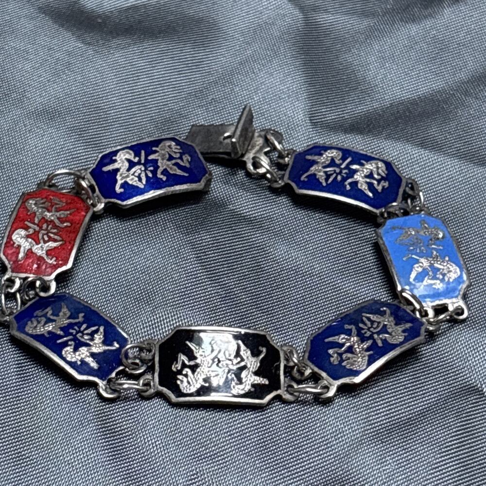 Multi Color Cloisonné Enamel & Sterling Siam Bracelet Niello Hindu Goddess 7”